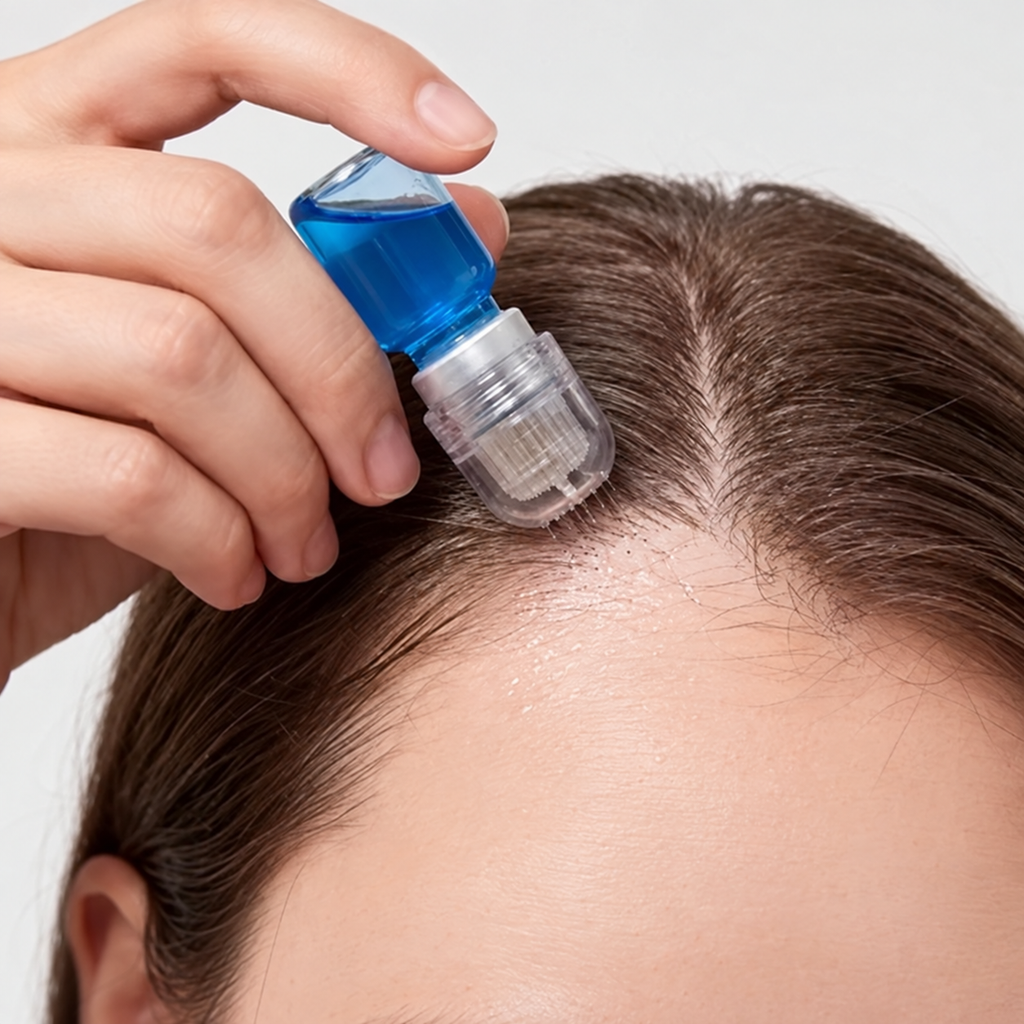 Unbranded blue serum vial with microneedle applicator used on the scalp