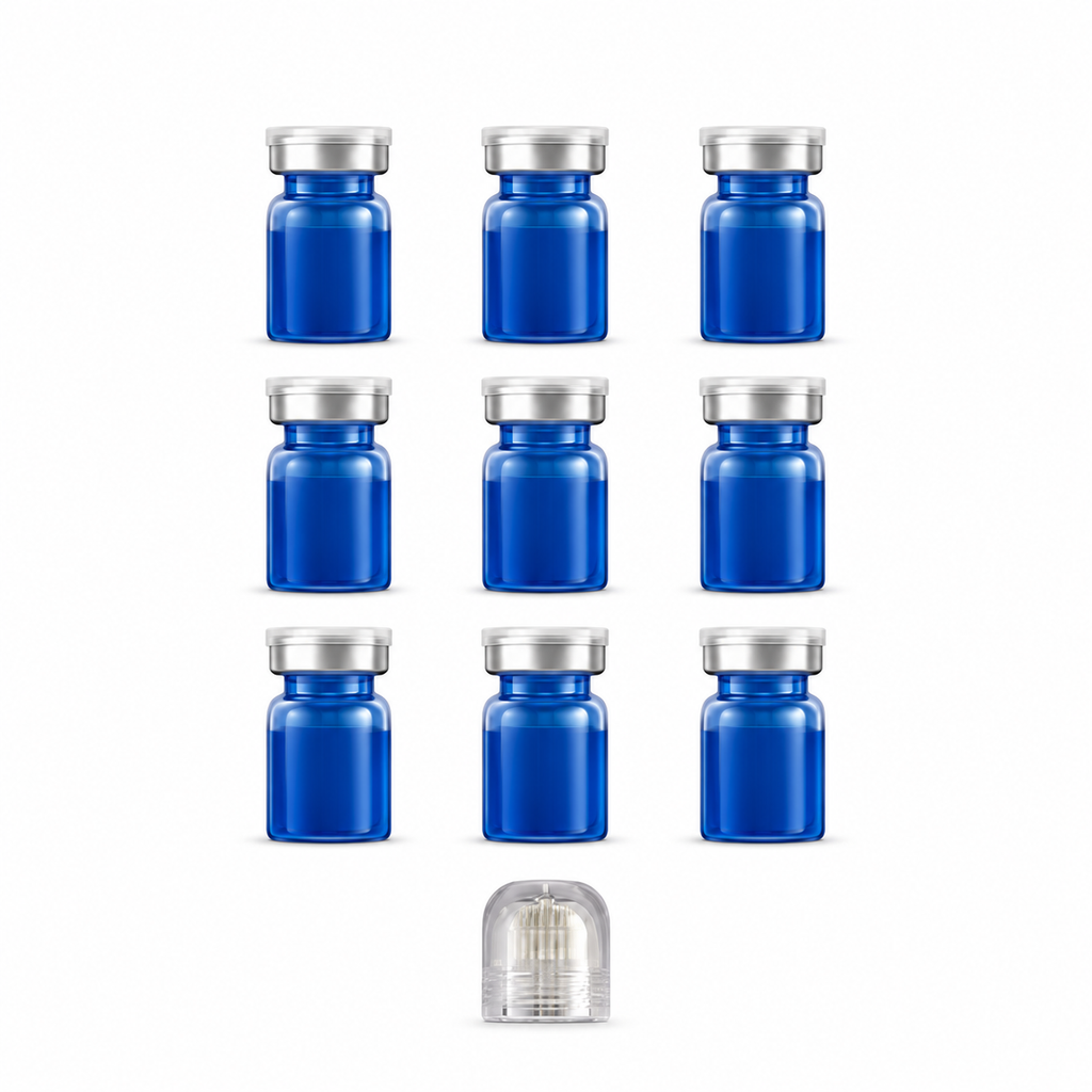 Nine unbranded blue serum vials and one clear microneedle applicator